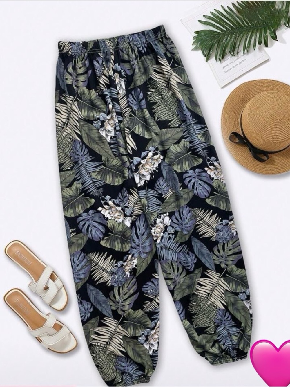 Tropical Print Elastic-Waist Harem Pants - Black/Green